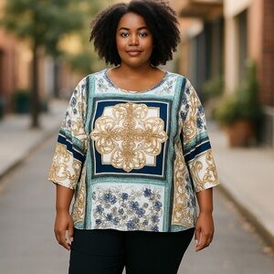 Ornate Baroque Boho Luxe Top Plus Size 2X Dolman 3/4 Slvs Flattering Drape Comfy